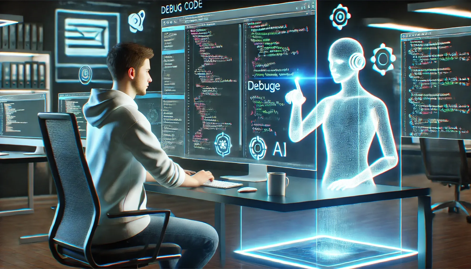 A futuristic image of an AI avatar helping a developer debug code